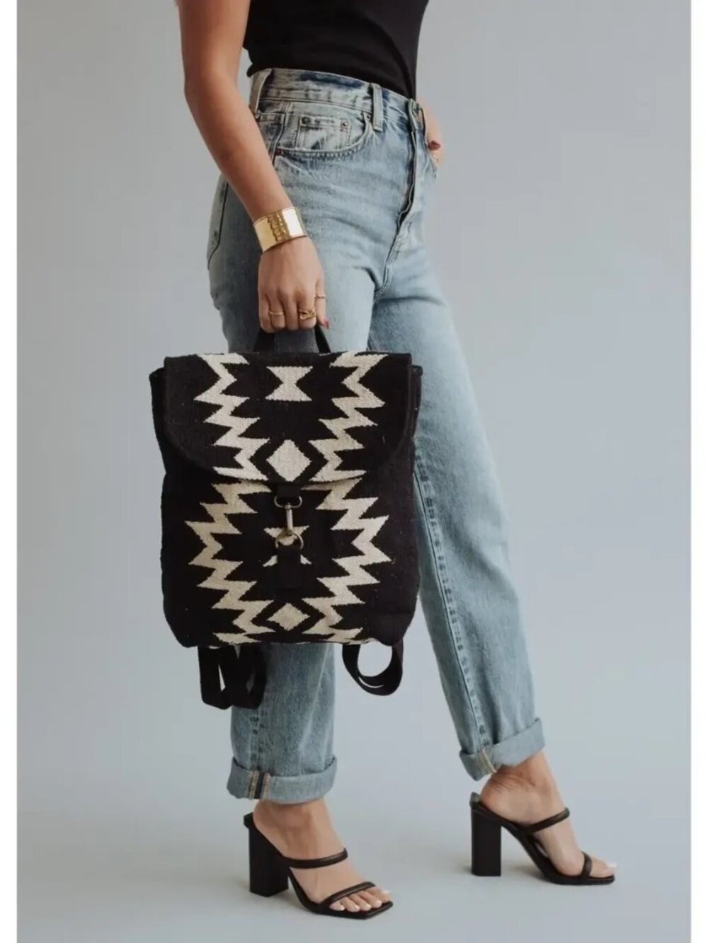 ($25) Black & Cream Aztec Pattern Canvas Backpack